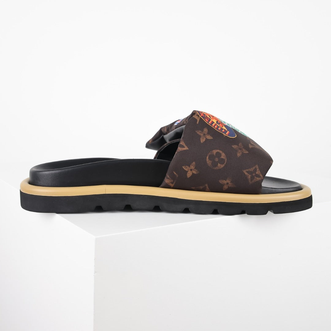 L***V Classic Brown Monogram Multicolor Cartoon Graffiti Print Wide Strap Slip-On Slide Sandals — Spring Summer Boutique Limited Edition