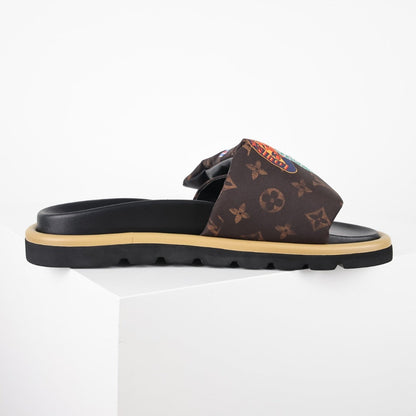 L***V Classic Brown Monogram Multicolor Cartoon Graffiti Print Wide Strap Slip-On Slide Sandals — Spring Summer Boutique Limited Edition