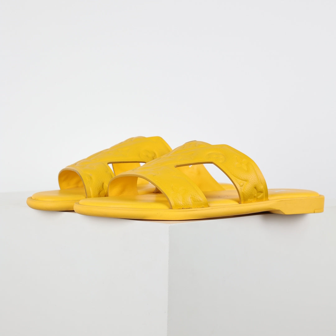 L***V Lemon Yellow Smooth Leather H-Strap Multi-Band Oasis Flat Slide Sandals — Spring Summer Boutique Limited Edition