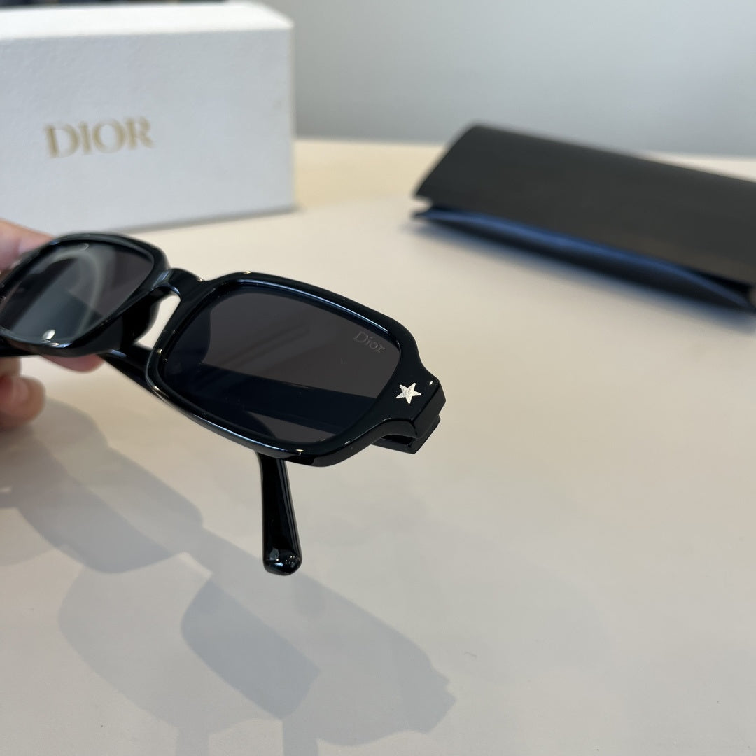 D**R Narrow Rectangle Sunglasses | Glossy Black Acetate Frame, Star Detail & Dark Lenses