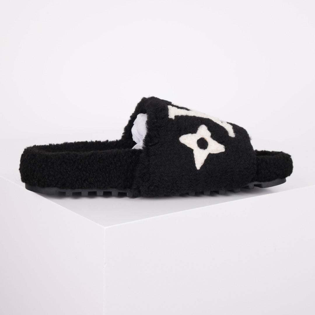 L***V Black White Monogram Shearling Lambswool Fluffy Double Strap Slide Sandals — Autumn Winter Boutique Limited Edition