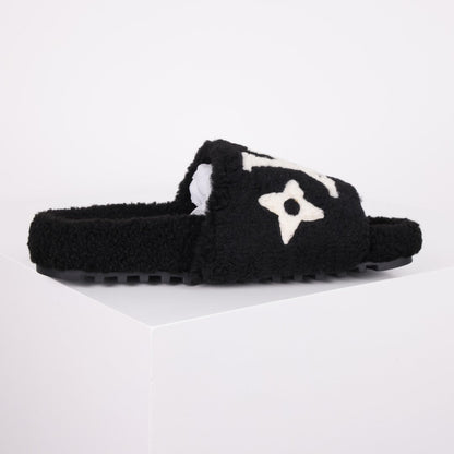 L***V Black White Monogram Shearling Lambswool Fluffy Double Strap Slide Sandals — Autumn Winter Boutique Limited Edition