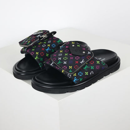 L***V Black Multicolor Monogram Gold Zipper Bow Wide Strap Pool Pillow Slide Sandals — Spring Summer Boutique Limited Edition