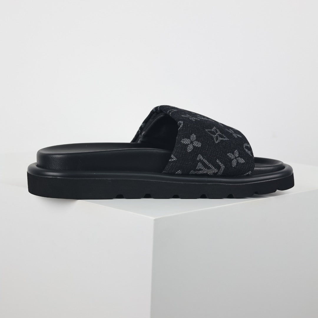 L***V All-Black Tonal Monogram Double Strap Flat Slide Sandals — 2024 Spring Summer Boutique Limited Edition