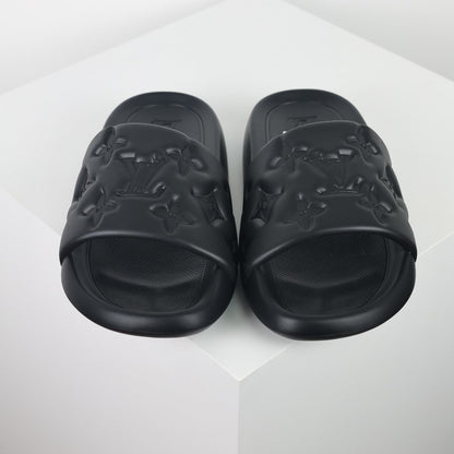 L***V All-Black Tonal Monogram Embossed EVA Waterfront Wide Strap Slide Sandals — Spring Summer Boutique Limited Edition