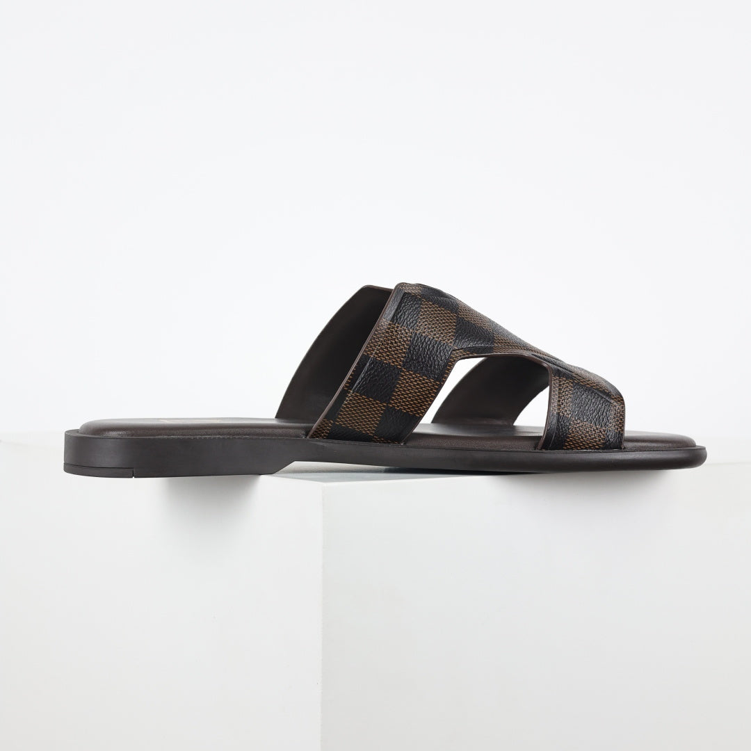 L***V Dark Brown Damier Ebene Embossed Leather H-Strap Multi-Band Oasis Flat Slide Sandals — Spring Summer Boutique Limited Edition