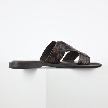 L***V Dark Brown Damier Ebene Embossed Leather H-Strap Multi-Band Oasis Flat Slide Sandals — Spring Summer Boutique Limited Edition