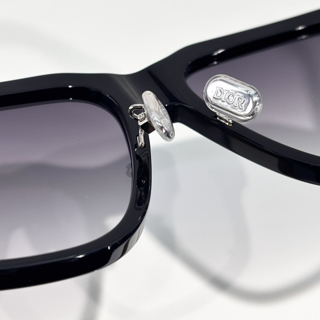 D**R Oversized Square Acetate Sunglasses | Gloss Black Frame, CD Rivet Temple, Silver Metal Tip, Light Gradient Grey Lenses