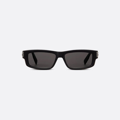 D**R Slim Rectangular Sunglasses with Glossy Black Frame, Dark Grey Lenses & Silver Logo Hardware
