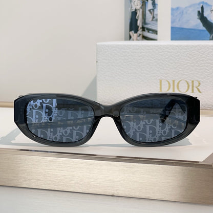 D**R Slim Rectangular Oval Sunglasses with Thick Glossy Black Acetate Frame, Dark Grey Lenses & Gold CD Script Logo Hardware