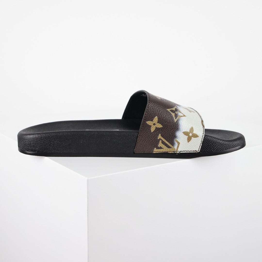 L***V Brown Cream Split Colorblock Monogram Waterfront Wide Strap Slide Sandals — Spring Summer Boutique Limited Edition