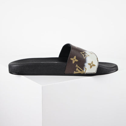 L***V Brown Cream Split Colorblock Monogram Waterfront Wide Strap Slide Sandals — Spring Summer Boutique Limited Edition