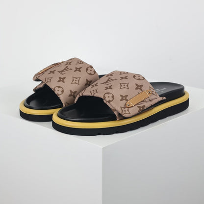 L***V Brown Classic Monogram Canvas Wide Strap Platform Slide Sandals — 2024 Spring Summer Boutique Limited Edition