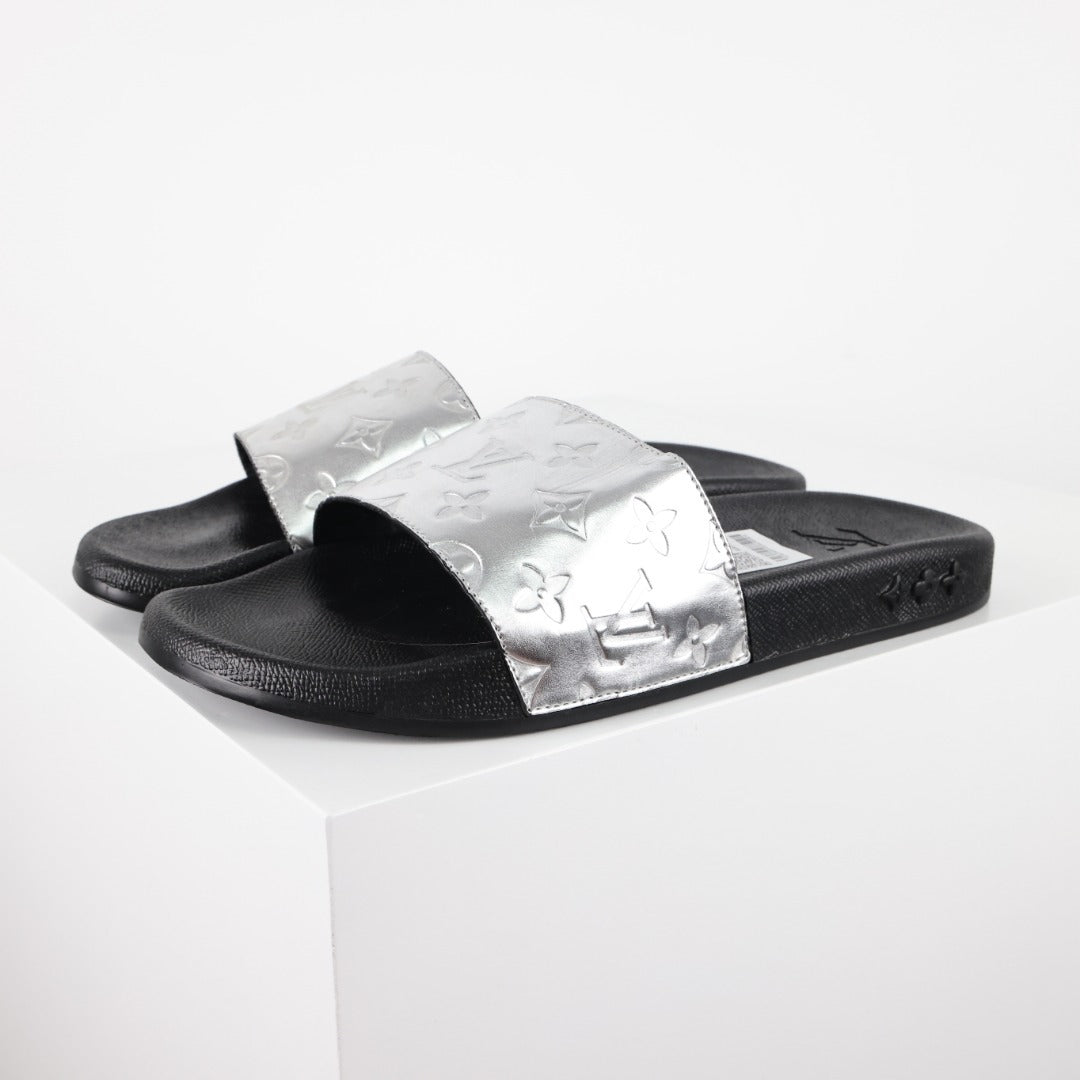 L***V Silver Mirror Metallic Embossed Monogram Waterfront Wide Strap Slide Sandals — Spring Summer Boutique Limited Edition