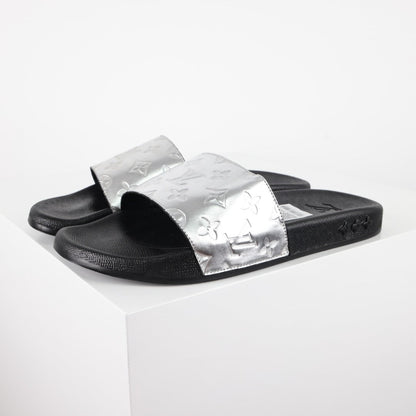 L***V Silver Mirror Metallic Embossed Monogram Waterfront Wide Strap Slide Sandals — Spring Summer Boutique Limited Edition