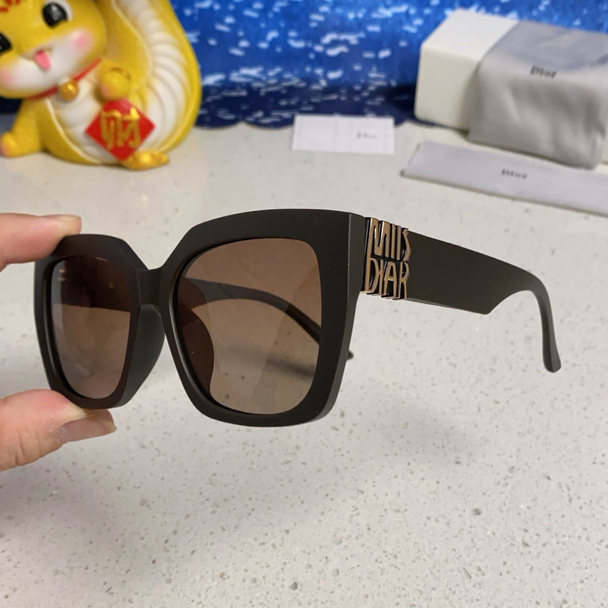 D**R MissDior Thick Square Sunglasses | Black Acetate Frame, Brown Gradient Lenses & Bold Logo Temple