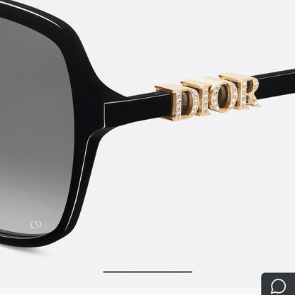 D**R Oversized Square Sunglasses | Gloss Black Acetate, Gold Crystal-Set DIOR Letter Temple, Gradient Grey Lenses, CD Monogram Print