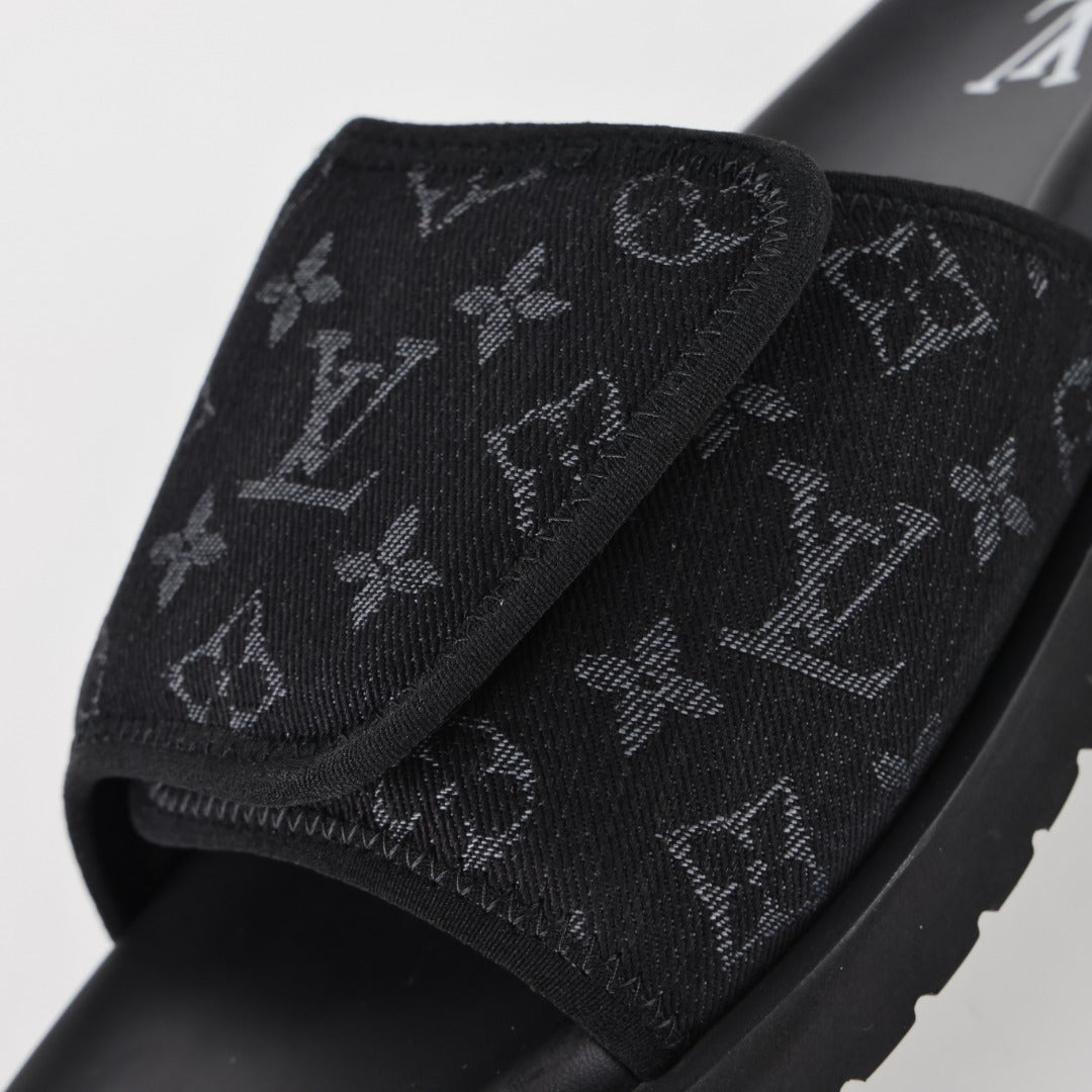 L***V All-Black Giant Monogram Floral Tonal Embroidery Slip-On Wide Strap Miami Slide Sandals — Spring Summer Boutique Limited Edition