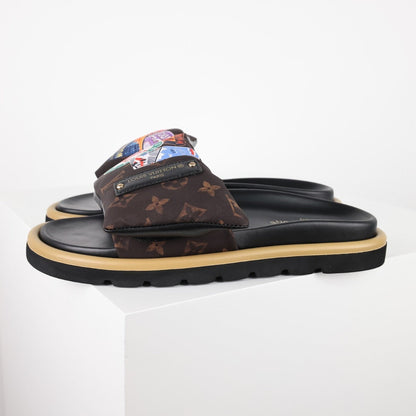 L***V Classic Brown Monogram Multicolor Cartoon Graffiti Print Wide Strap Slip-On Slide Sandals — Spring Summer Boutique Limited Edition
