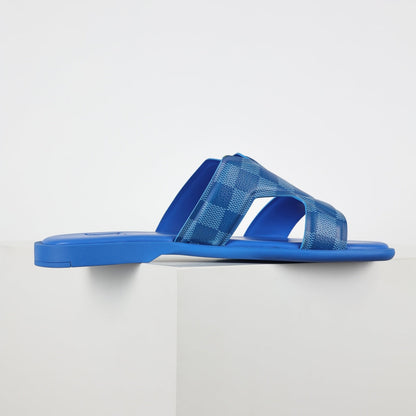 L***V Cobalt Blue Damier Embossed Leather H-Strap Multi-Band Oasis Flat Slide Sandals — Spring Summer Boutique Limited Edition