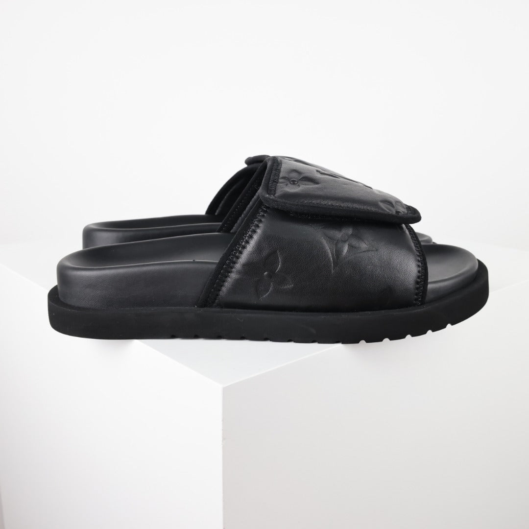 L***V All-Black Inflated Pillow Leather Velcro Adjustable Wide Strap Miami Slide Sandals — Spring Summer Boutique Limited Edition