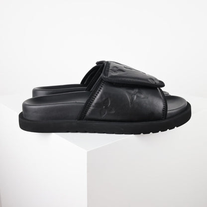 L***V All-Black Inflated Pillow Leather Velcro Adjustable Wide Strap Miami Slide Sandals — Spring Summer Boutique Limited Edition