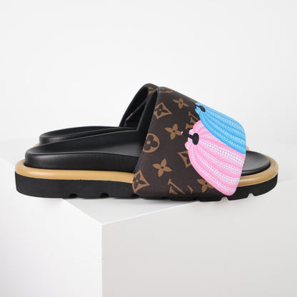 L***V Monogram Floral Embroidered Slide Sandals — 3D Coral & Mint Wide Band Slip-On Pool Beach Slippers (8 Colors)