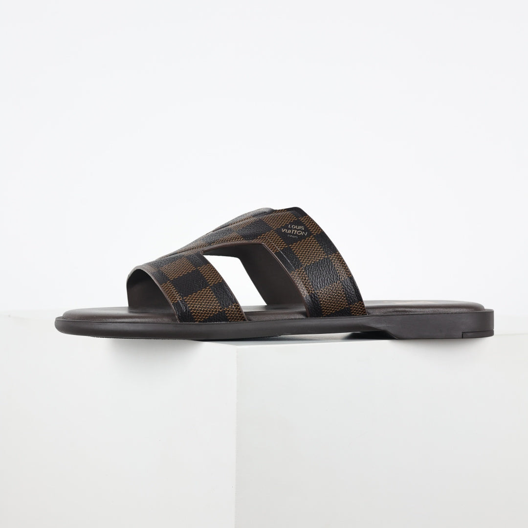 L***V Dark Brown Damier Ebene Embossed Leather H-Strap Multi-Band Oasis Flat Slide Sandals — Spring Summer Boutique Limited Edition