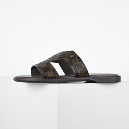 L***V Dark Brown Damier Ebene Embossed Leather H-Strap Multi-Band Oasis Flat Slide Sandals — Spring Summer Boutique Limited Edition