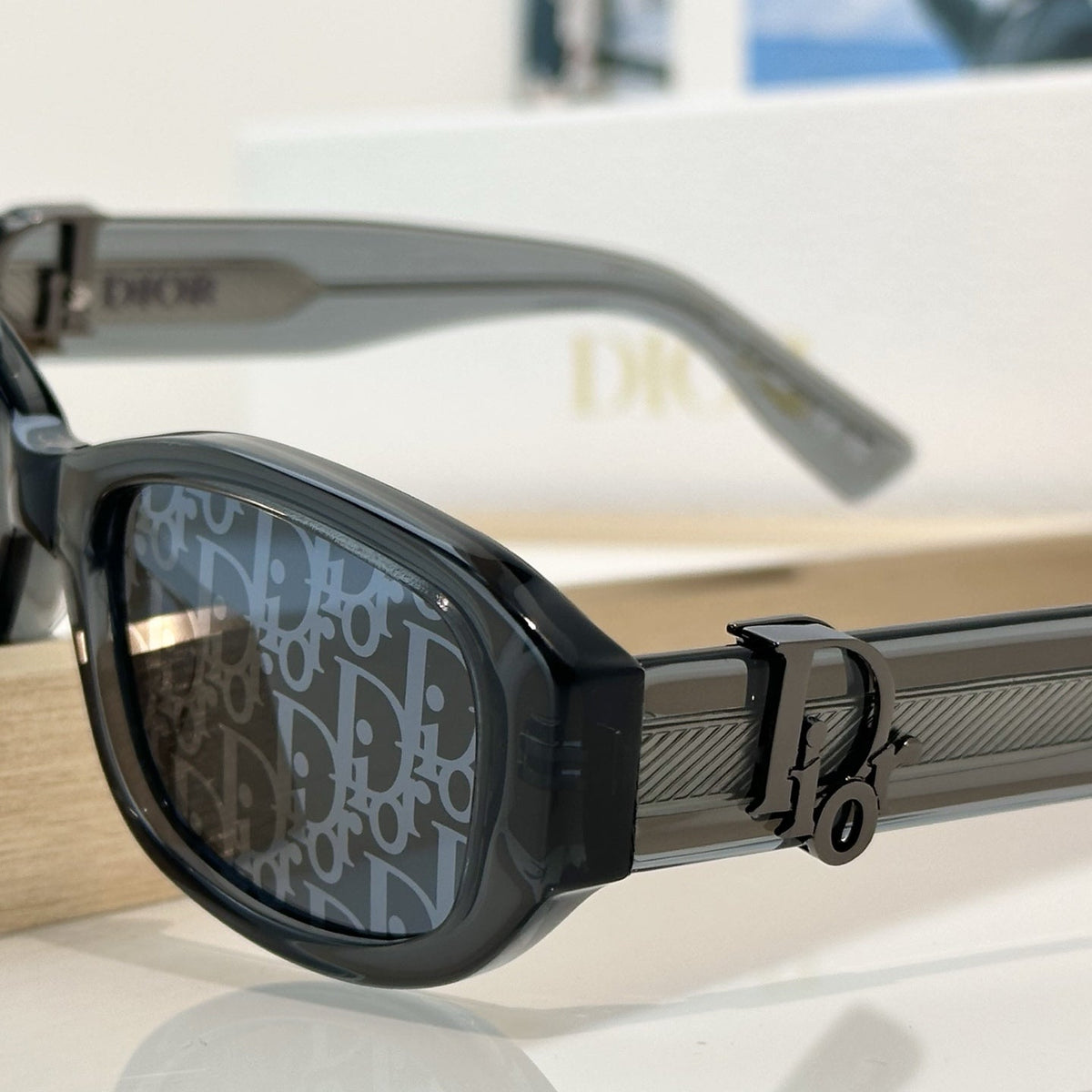 D**R Slim Oval Sunglasses with Smoky Transparent Grey Frame, CD Oblique Monogram Print Lenses & Gunmetal Hardware