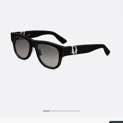 D**R Square Cat-Eye Sunglasses | Gloss Black Acetate Frame, Gold CD Letter Hinge Inlay, Gradient Grey Lenses