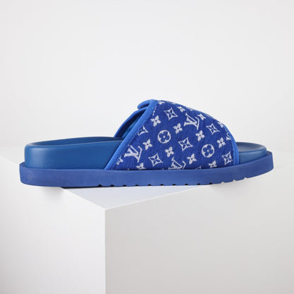 L***V Royal Blue Monogram Jacquard Velcro Adjustable Wide Strap Miami Slide Sandals — Spring Summer Boutique Limited Edition