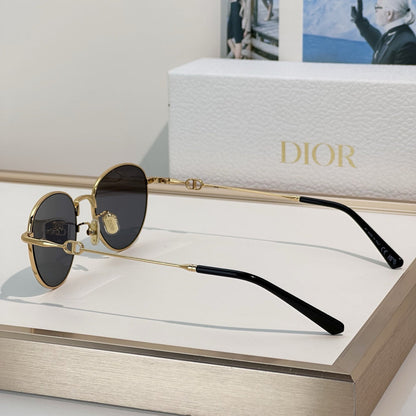 D**R Slim Round Sunglasses with Polished Gold Metal Wire Frame, Dark Grey Solid Lenses & CD Monogram Lens Detail