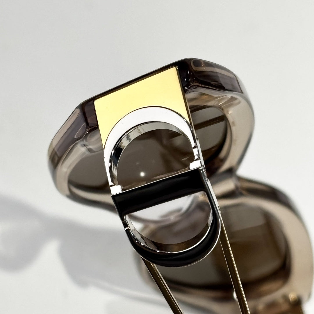 D**R Narrow Cat-Eye Sunglasses | Transparent Smoke-Brown Acetate Frame, CD Metal Badge, Champagne Acetate Temple, Flat Brown Lenses