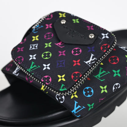 L***V Black Multicolor Monogram Gold Zipper Bow Wide Strap Pool Pillow Slide Sandals — Spring Summer Boutique Limited Edition