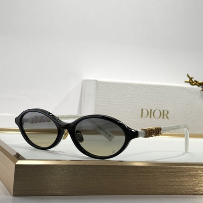 D**R Oval Cat-Eye Sunglasses | Acetate & Metal Inner Frame, Crystal-Set DIOR Letter Temple, Gradient Brown or Flat Grey Lenses | 6 Colors incl. Transparent Pink & Black