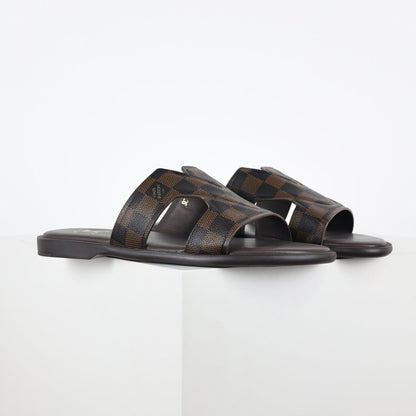 L***V Dark Brown Damier Ebene Embossed Leather H-Strap Multi-Band Oasis Flat Slide Sandals — Spring Summer Boutique Limited Edition