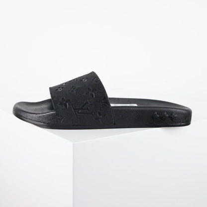L***V All-Black Rubber Tonal Oversized Monogram Embossed Waterfront Wide Strap Slide Sandals — Spring Summer Boutique Limited Edition