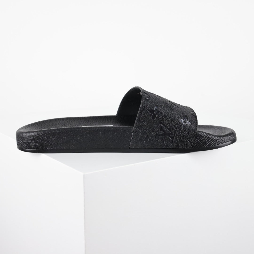 L***V All-Black Rubber Tonal Oversized Monogram Embossed Waterfront Wide Strap Slide Sandals — Spring Summer Boutique Limited Edition