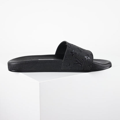 L***V All-Black Rubber Tonal Oversized Monogram Embossed Waterfront Wide Strap Slide Sandals — Spring Summer Boutique Limited Edition