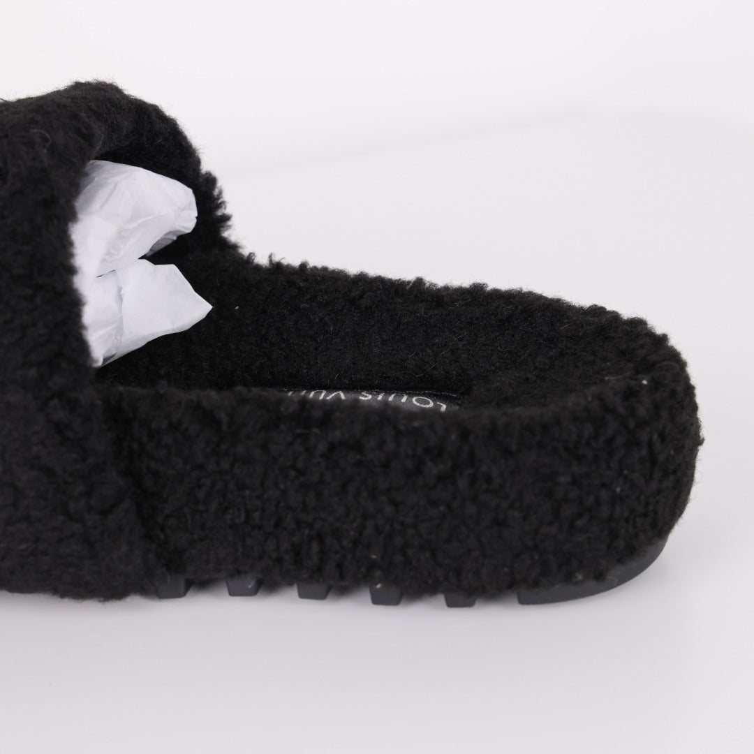 L***V Black White Monogram Shearling Lambswool Fluffy Double Strap Slide Sandals — Autumn Winter Boutique Limited Edition