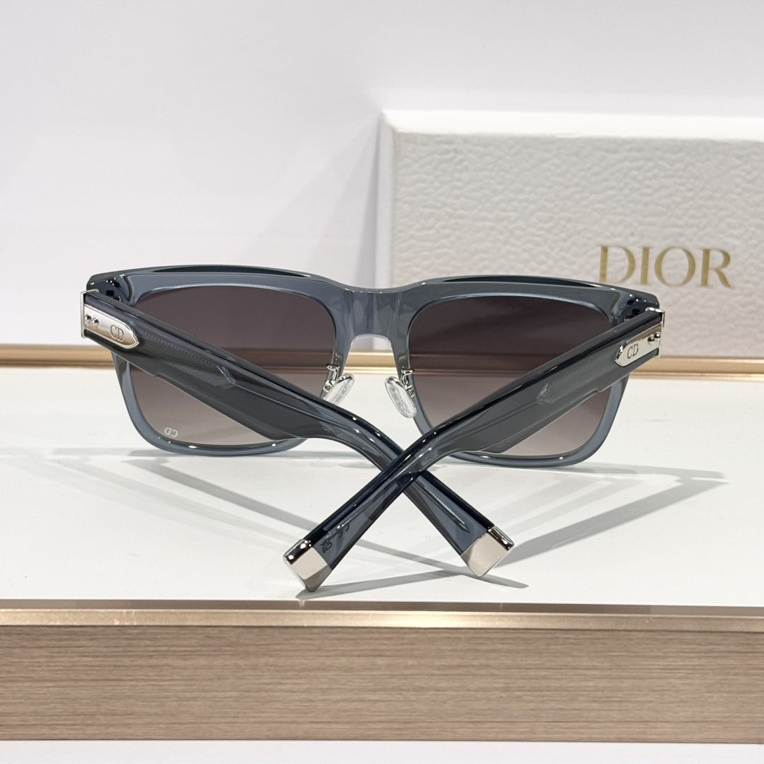 D**R Oversized Square Acetate Sunglasses | Transparent Smoke-Blue Frame, CD Rivet, Christian Dior Temple, Light Gradient Lenses