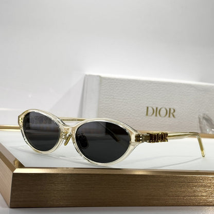 D**R Oval Cat-Eye Sunglasses | 6 Colors incl. Crystal Grey, Transparent Champagne & Black, 3D DIOR Letter Hinge in Gold or Crystal-Set, Flat Dark Lenses