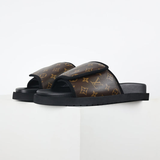 L***V Classic Brown Monogram Canvas Pillow Wide Strap Slip-On Miami Slide Sandals — Spring Summer Boutique Limited Edition
