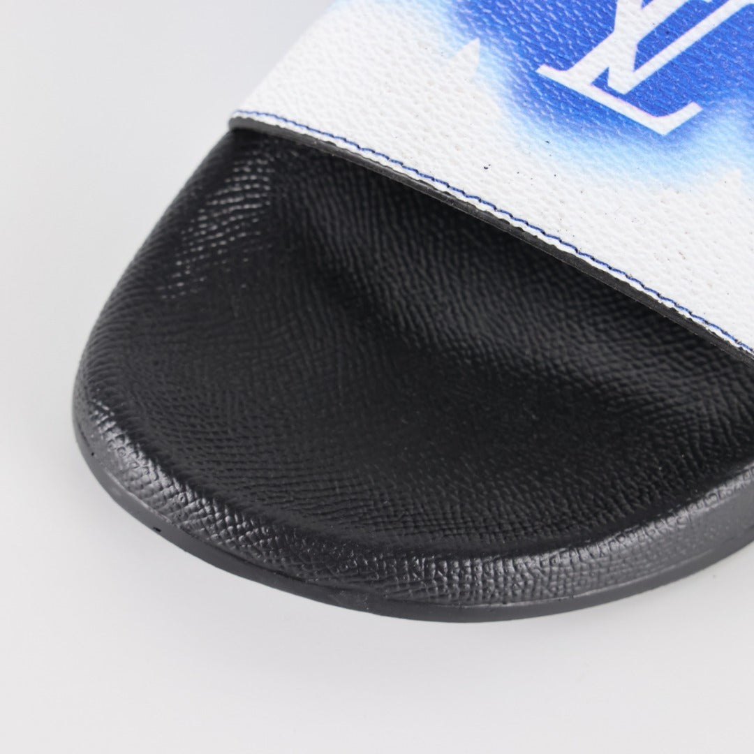 L***V White Cobalt Blue Ombre Tie-Dye Oversized Monogram Waterfront Wide Strap Slide Sandals — Spring Summer Boutique Limited Edition