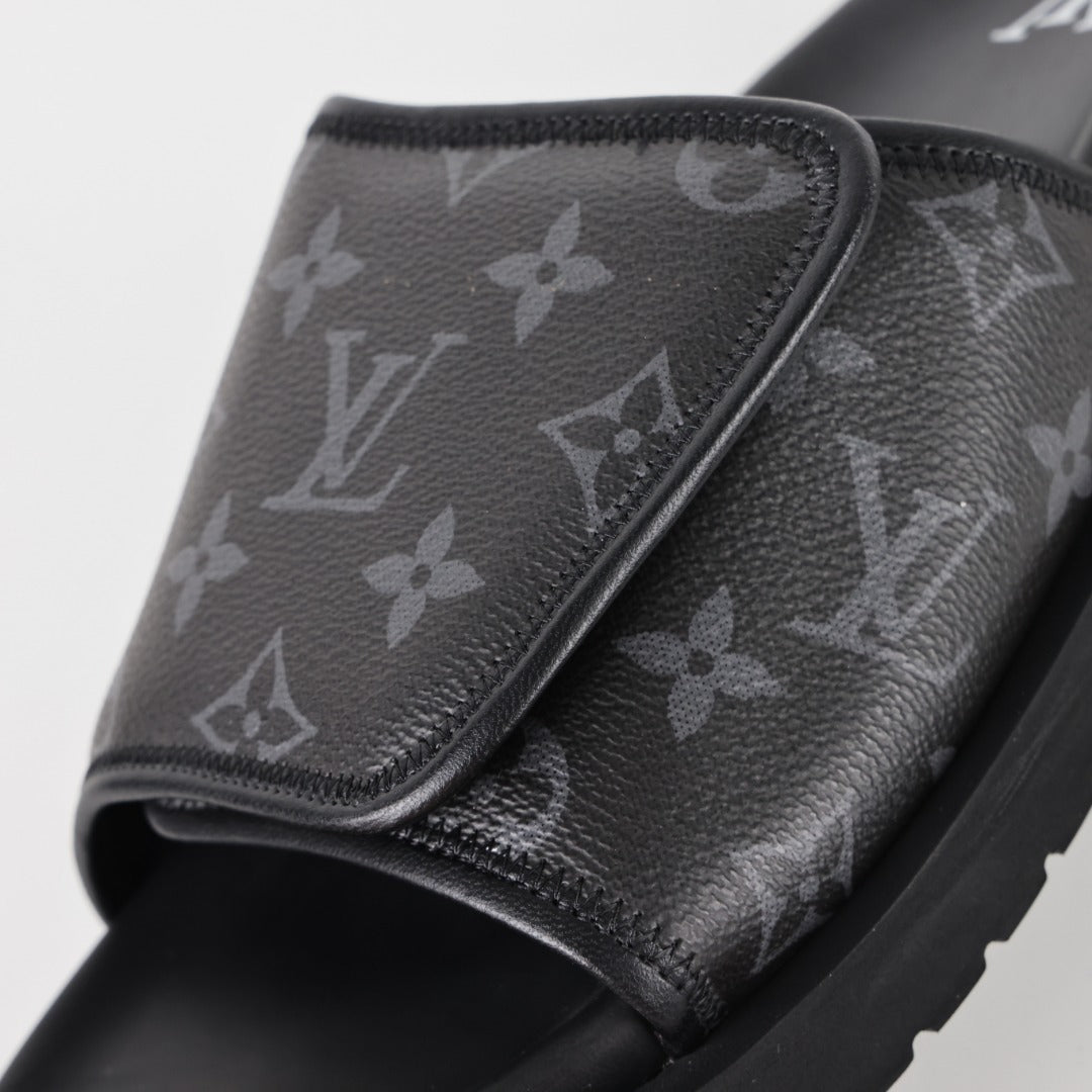 L***V Monogram Eclipse All-Black Velcro Adjustable Wide Strap Miami Slide Sandals — Spring Summer Boutique Limited Edition