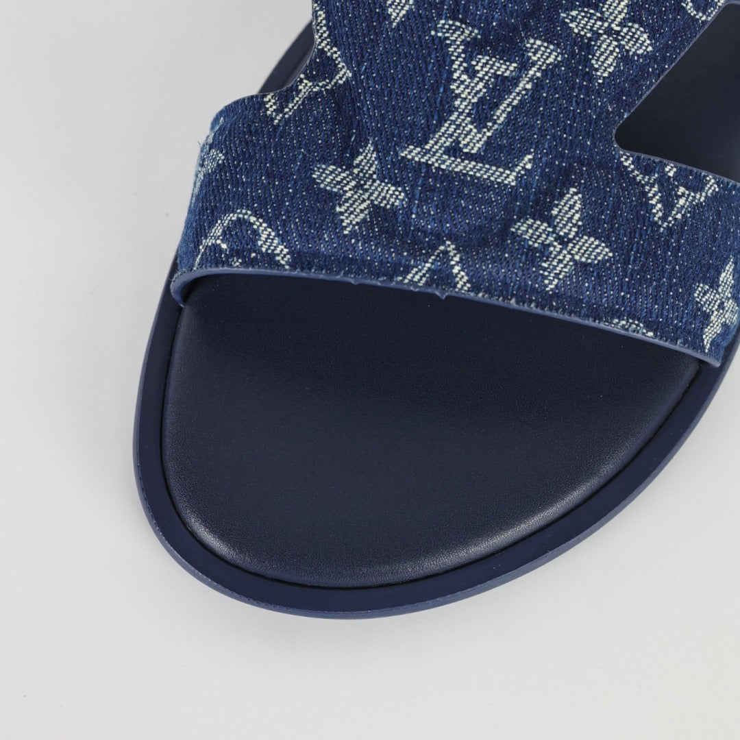 L***V Navy Blue Monogram Denim Jacquard H-Strap Multi-Band Oasis Flat Slide Sandals — Spring Summer Boutique Limited Edition