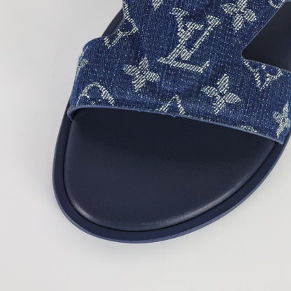 L***V Navy Blue Monogram Denim Jacquard H-Strap Multi-Band Oasis Flat Slide Sandals — Spring Summer Boutique Limited Edition