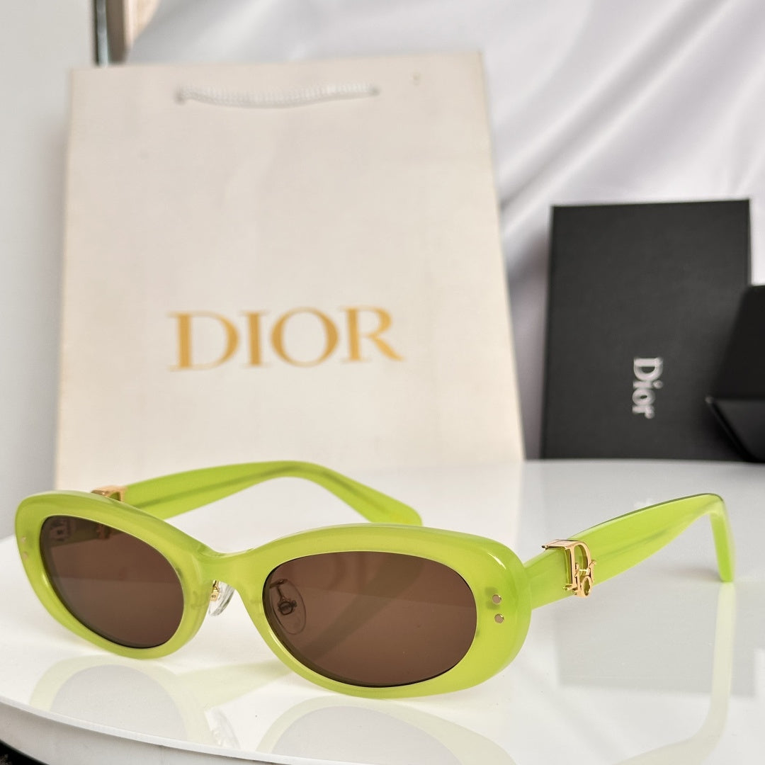 D**R Slim Oval Sunglasses with Crystal Clear Transparent Acetate Frame, Olive Solid Lenses & 3D Gold CD Logo Hardware