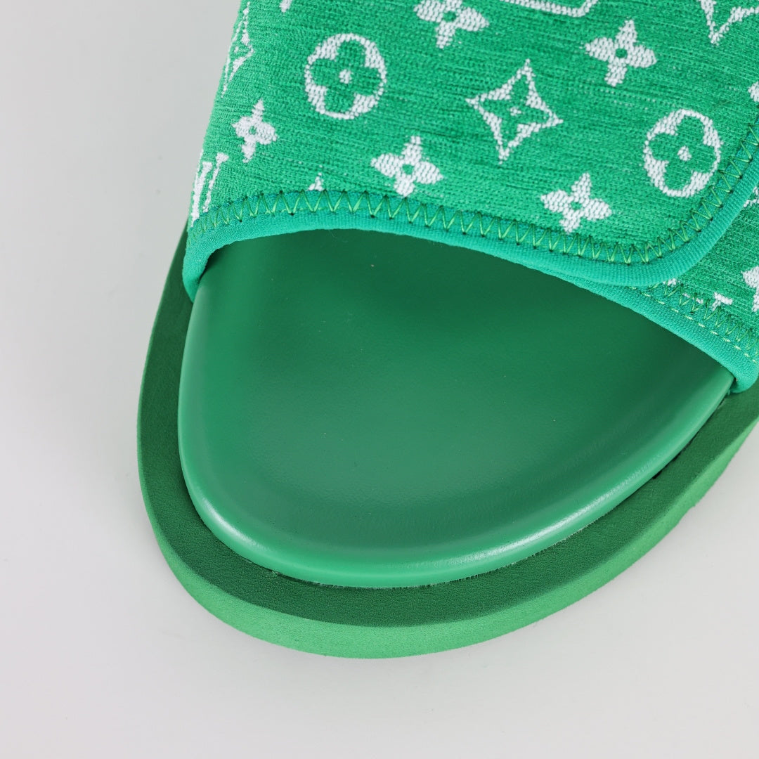L***V Grass Green Monogram Jacquard Twisted Bow Ruched Strap Miami Slide Sandals — Spring Summer Boutique Limited Edition